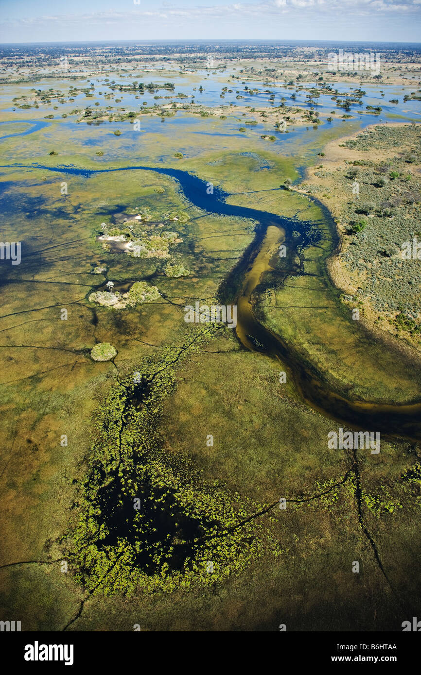 Vista aerea di isole e canali navigabili Okovango centrale area selvaggia nel Delta Foto Stock