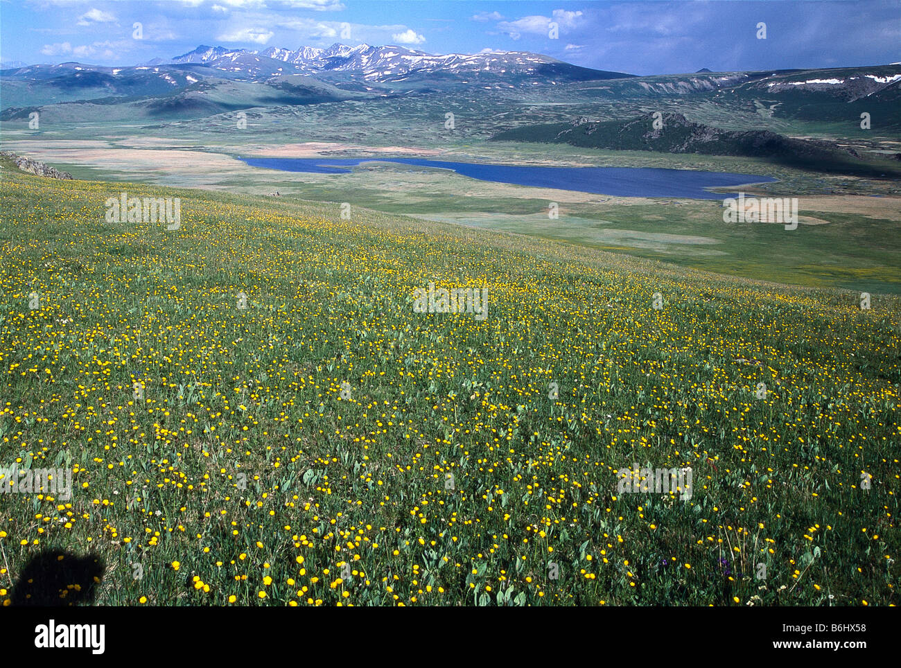 Una valle e il Lago Nero in Kanas national park nello Xinjiang, Cina. Foto Stock