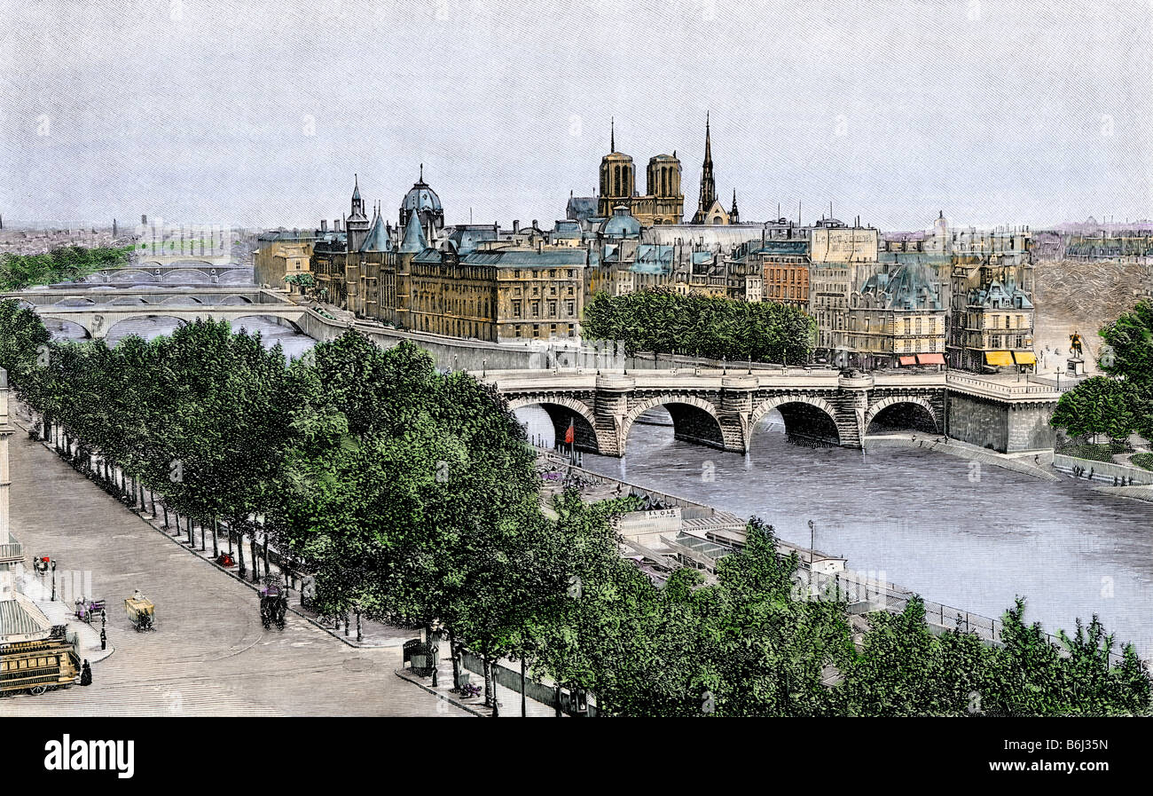 Pont Neuf il bridging della Senna a l'Ile de la Cite, visto da vicino al Louvre, Parigi, 1890s. Colorate a mano di mezzitoni una illustrazione Foto Stock