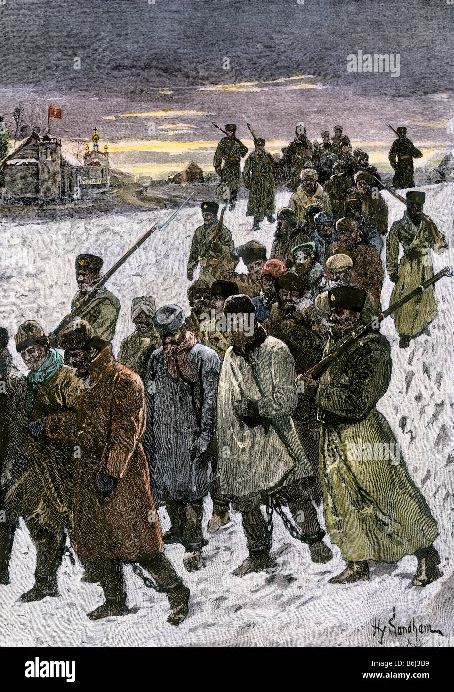 Carcerati russi tornando di notte dalle miniere in Siberia 1880. Colorate a mano di mezzitoni una illustrazione Foto Stock