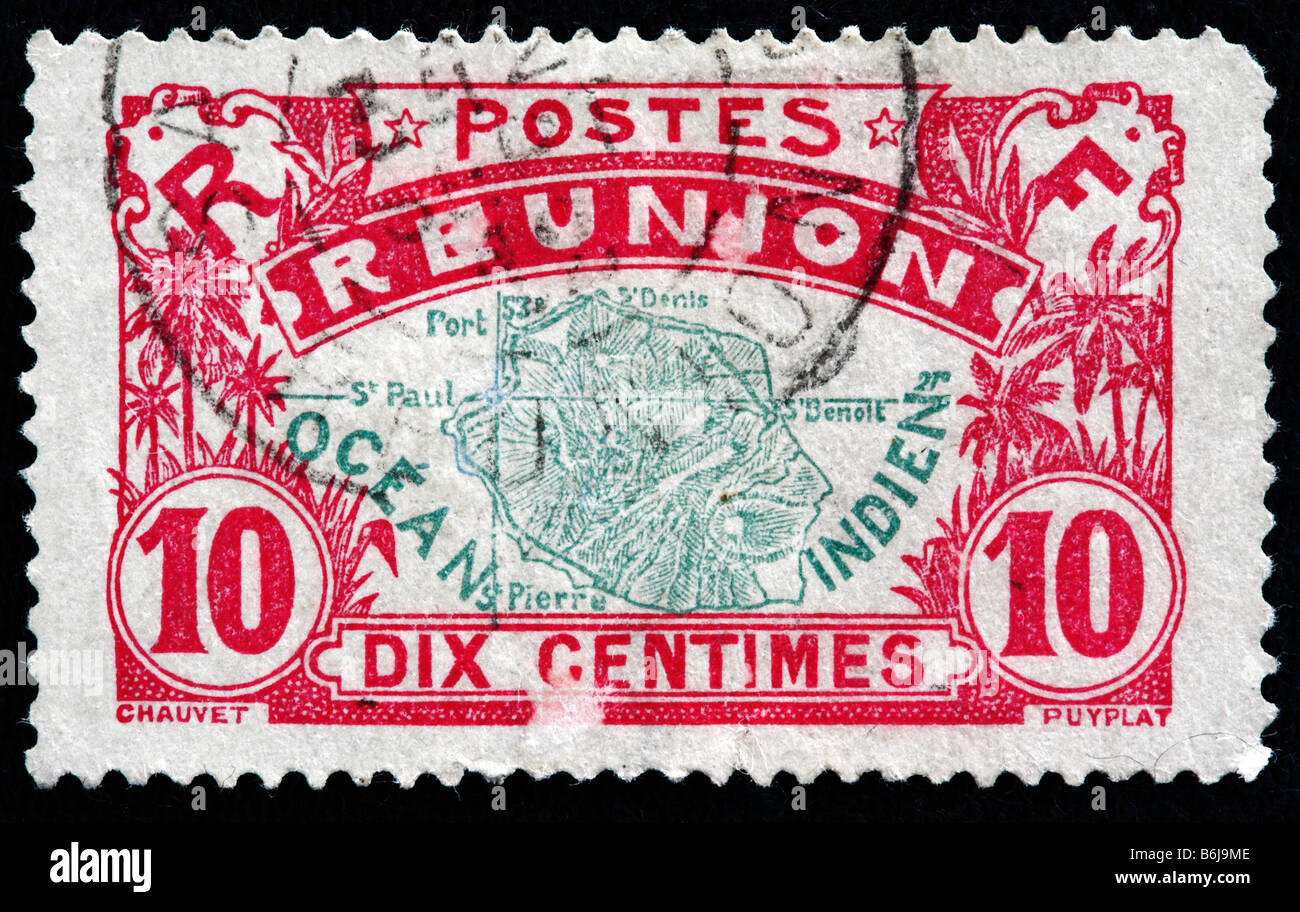 Mappa, francobollo, Francese Reunion Foto Stock