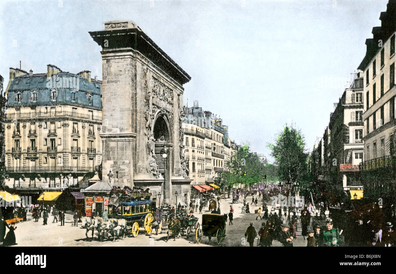 Il traffico della strada intorno a Porte Saint-Denis Parigi circa 1900. Colorate a mano i mezzitoni di una fotografia Foto Stock