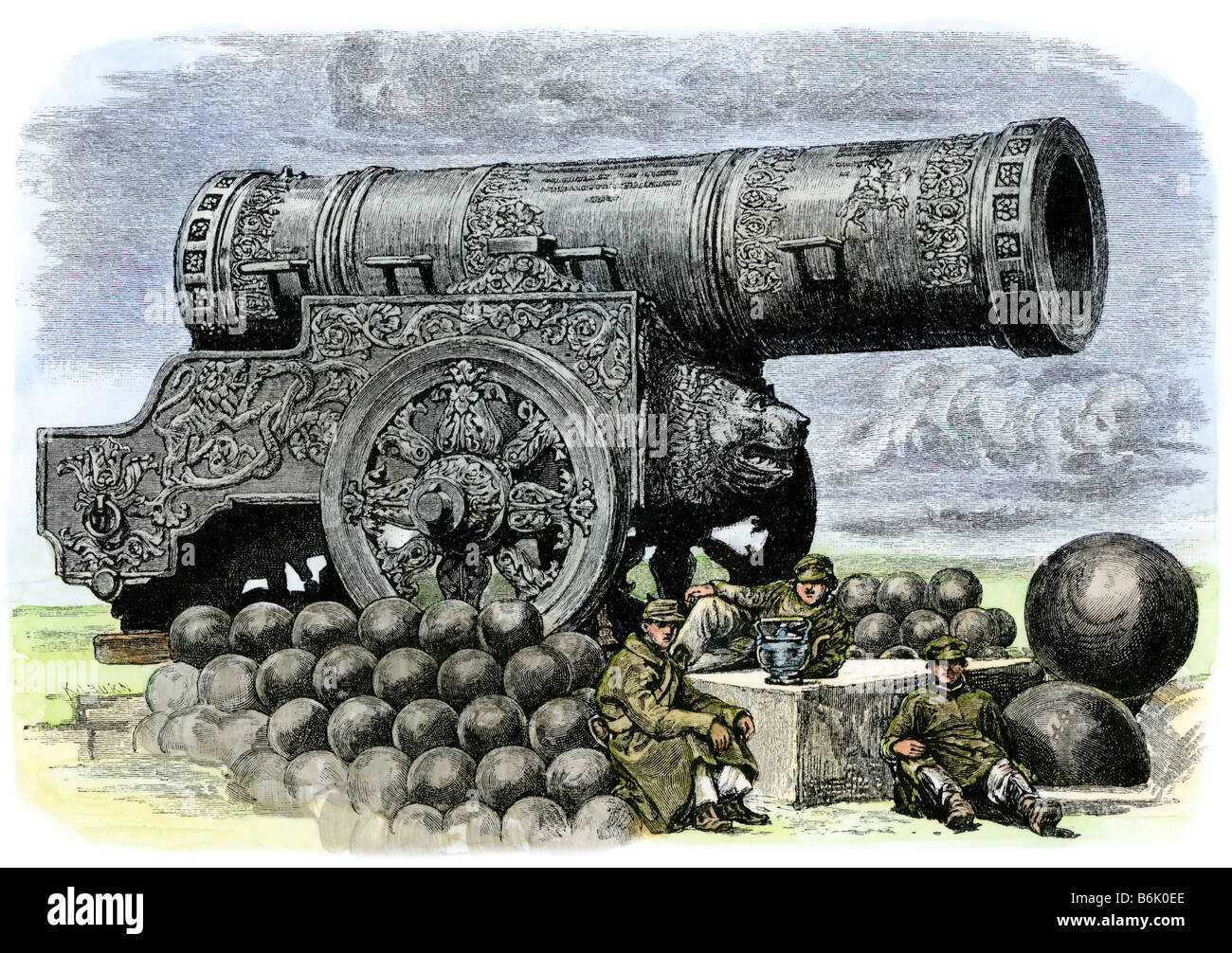Artiglieria russa: il Tsar Puska o imperatore cannon 1800s. Colorate a mano la xilografia Foto Stock