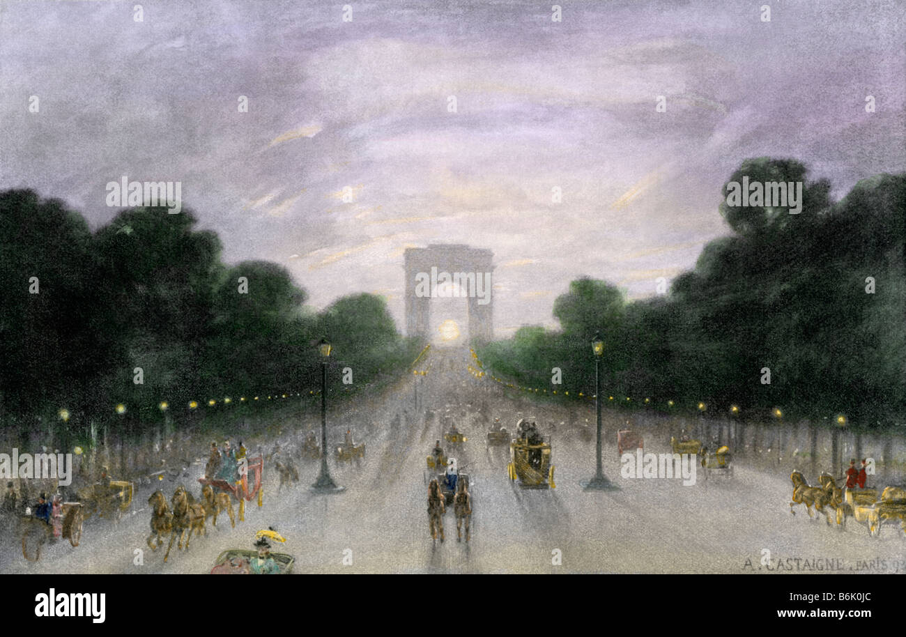 Champs-Elysees al crepuscolo vicino all' Arco di Trionfo, Parigi 1890. Colorate a mano di mezzitoni una illustrazione Foto Stock