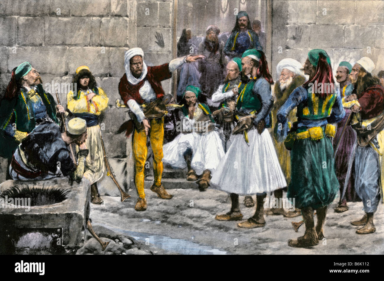 George nero trascinante il suo compagno di serbi contro l'impero ottomano 1804. Colorate a mano di mezzitoni una illustrazione Foto Stock