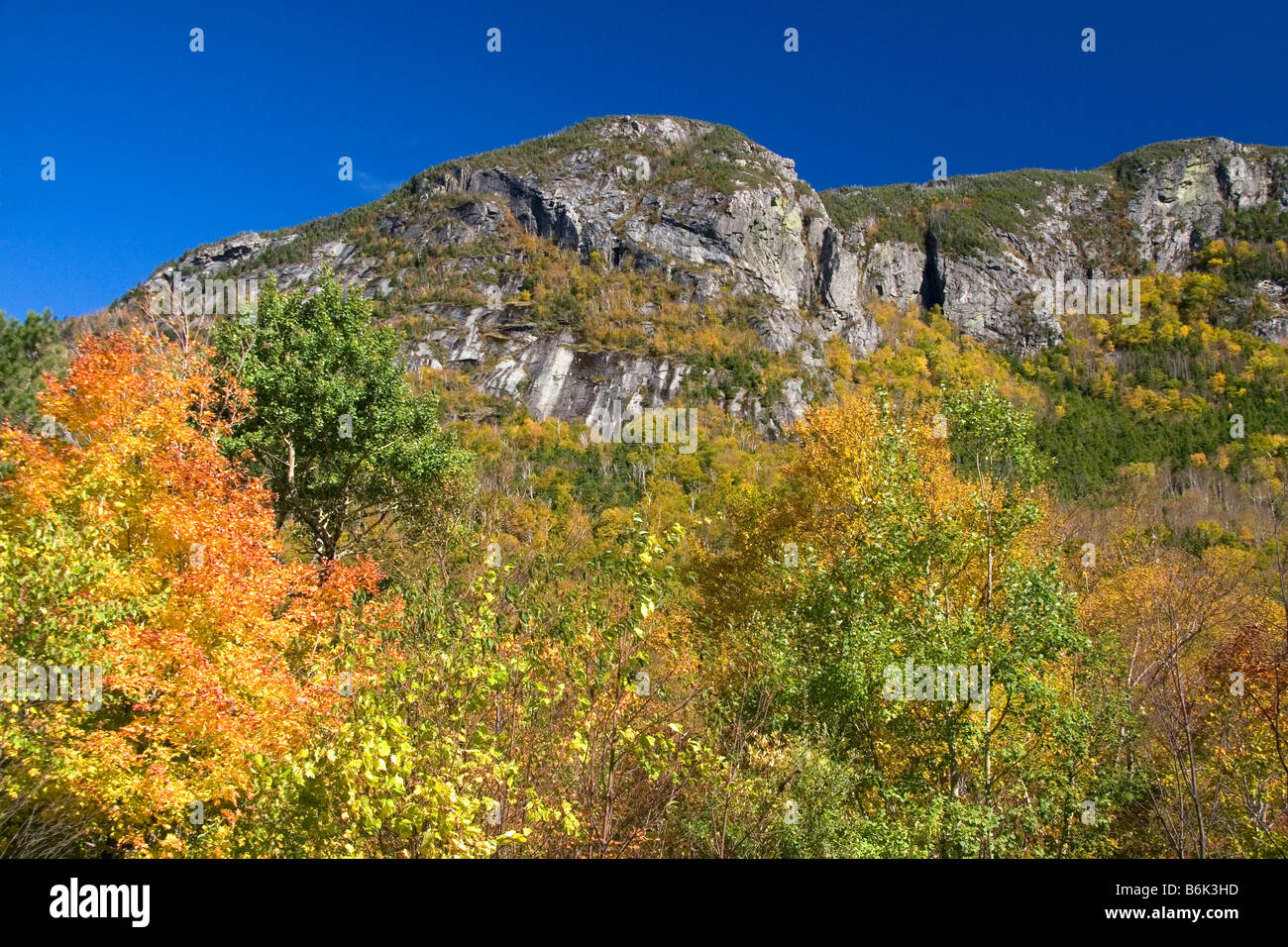 Vista panoramica di caduta delle foglie nella Franconia Notch parco dello stato del New Hampshire USA Foto Stock