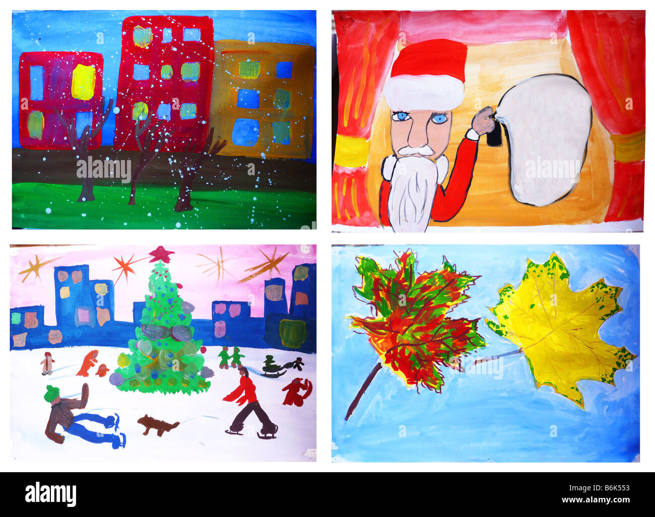 Bambini disegnare felice anno nuovo neve pattini un albero di pelliccia Babbo Natale Foto Stock