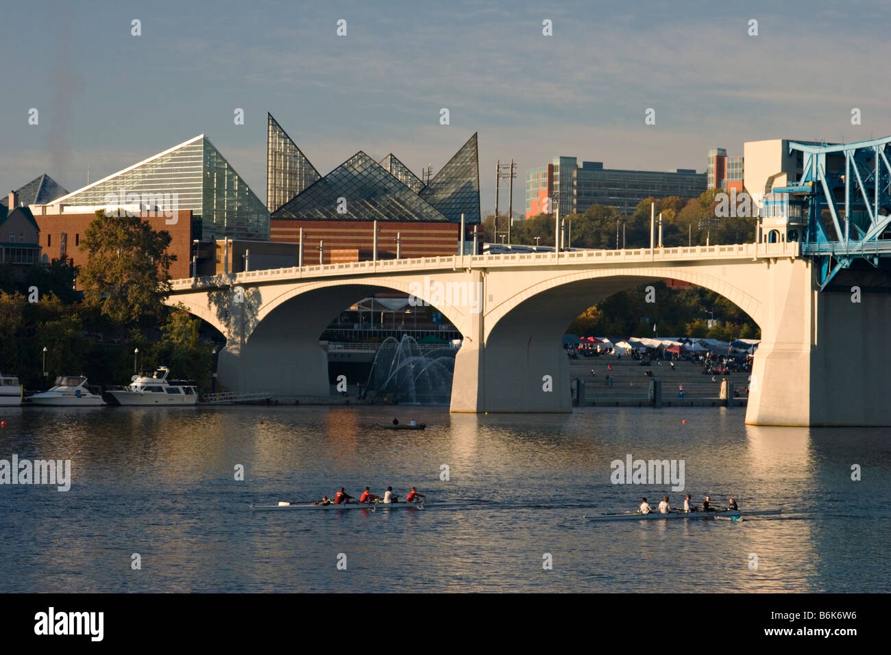 Diverse squadre di canottaggio competere sul fiume Tennessee a Chattanooga Tennessee Aquarium è in background Foto Stock