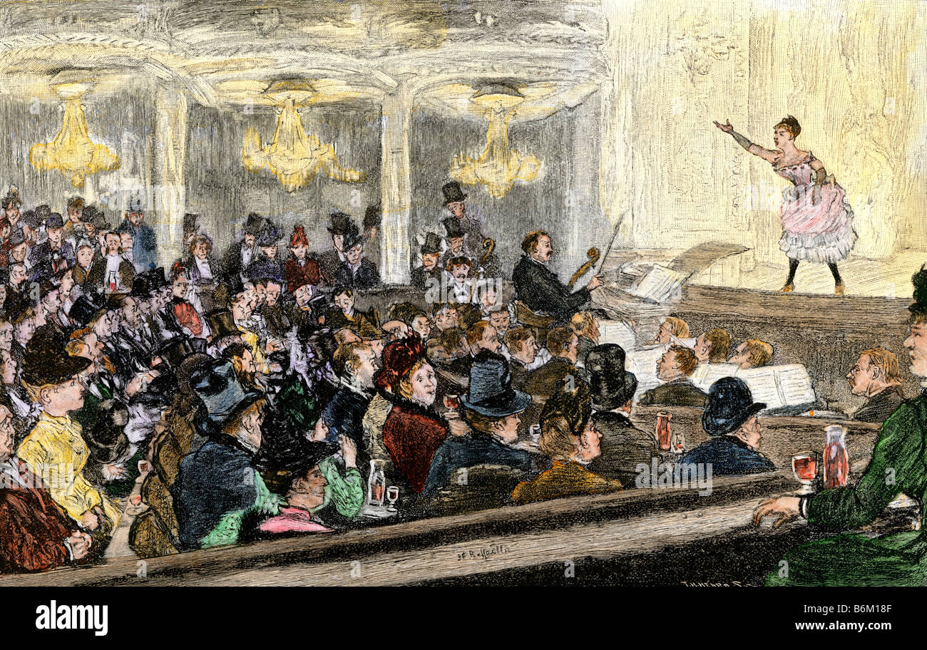 Concerto in un cafe' Parigino circa 1890. Colorate a mano di mezzitoni una illustrazione Foto Stock