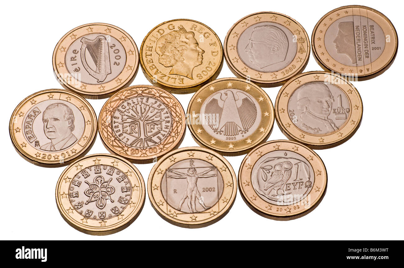 Dieci 1 monete metalliche in euro e sterlina britannica Coin Foto Stock