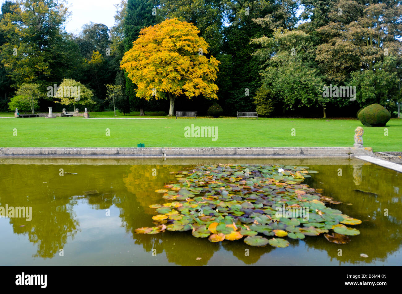 Una parte dei giardini a Burton Agnese Hall di Manchester, UK in autunno Foto Stock