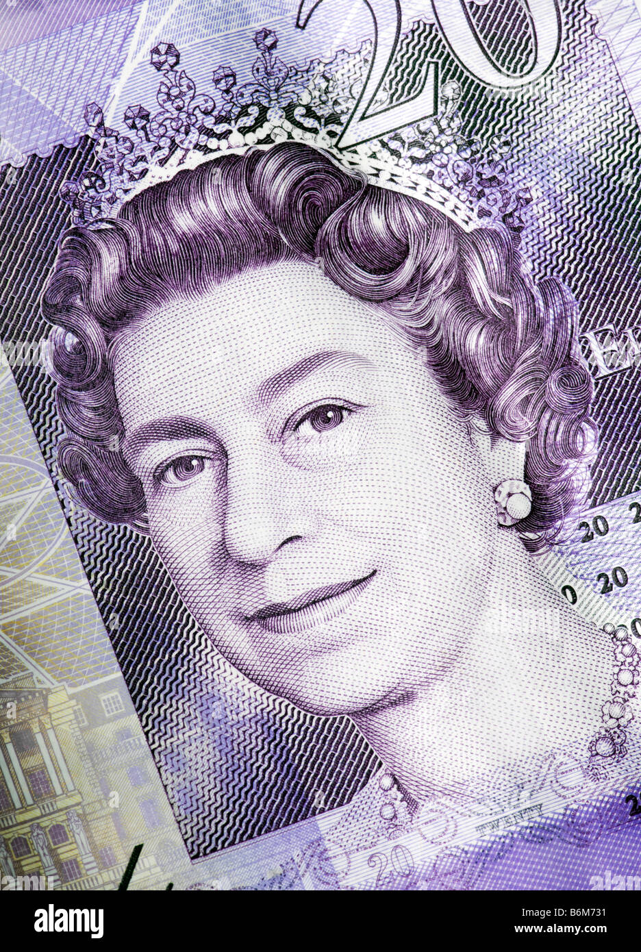 Ripresa macro di un REGNO UNITO VENTI pound nota che mostra la testa della regina Elisabetta II. Foto Stock