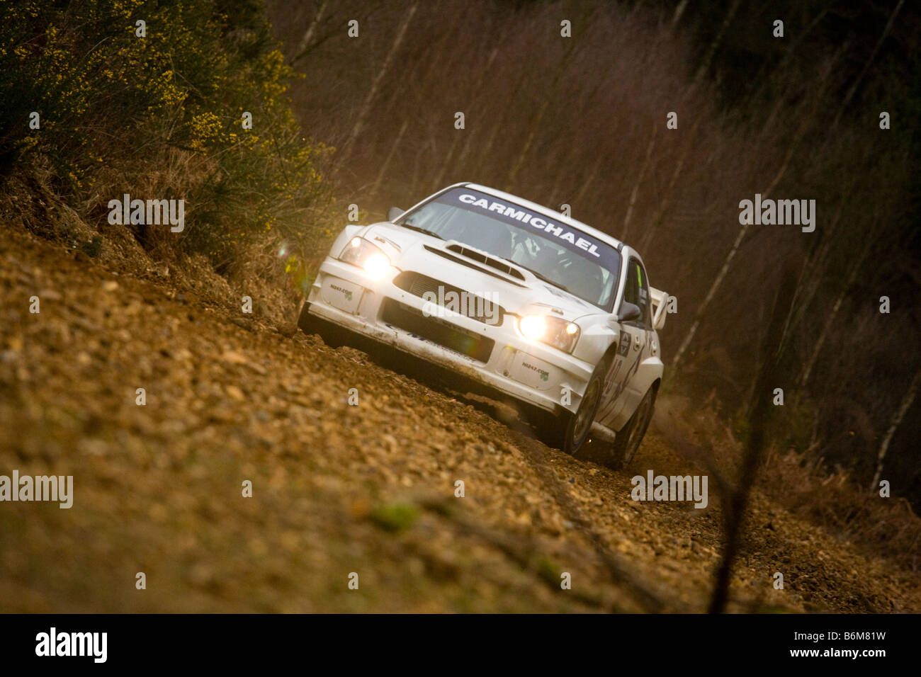 Alan Carmichael e Ivor Lamont nel loro Subaru Impreza WRC competere nel 2008 Rallye Sunseeker Foto Stock