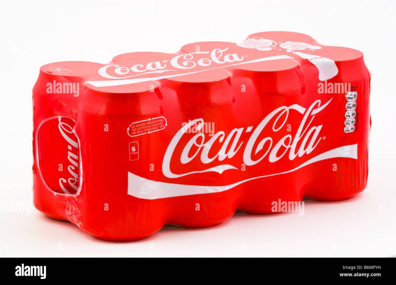 Confezione protettiva in plastica della confezione 8 Coca Cola lattine vendute nel Regno Unito Foto Stock