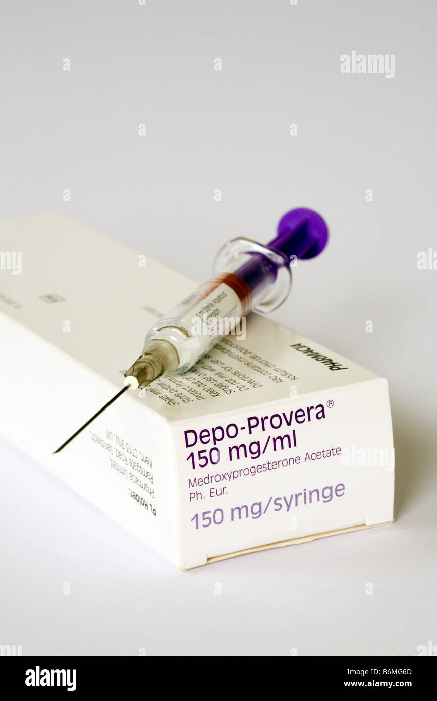 Depo-Provera a lunga azione contraccettivi iniettabili iniezione. Foto Stock