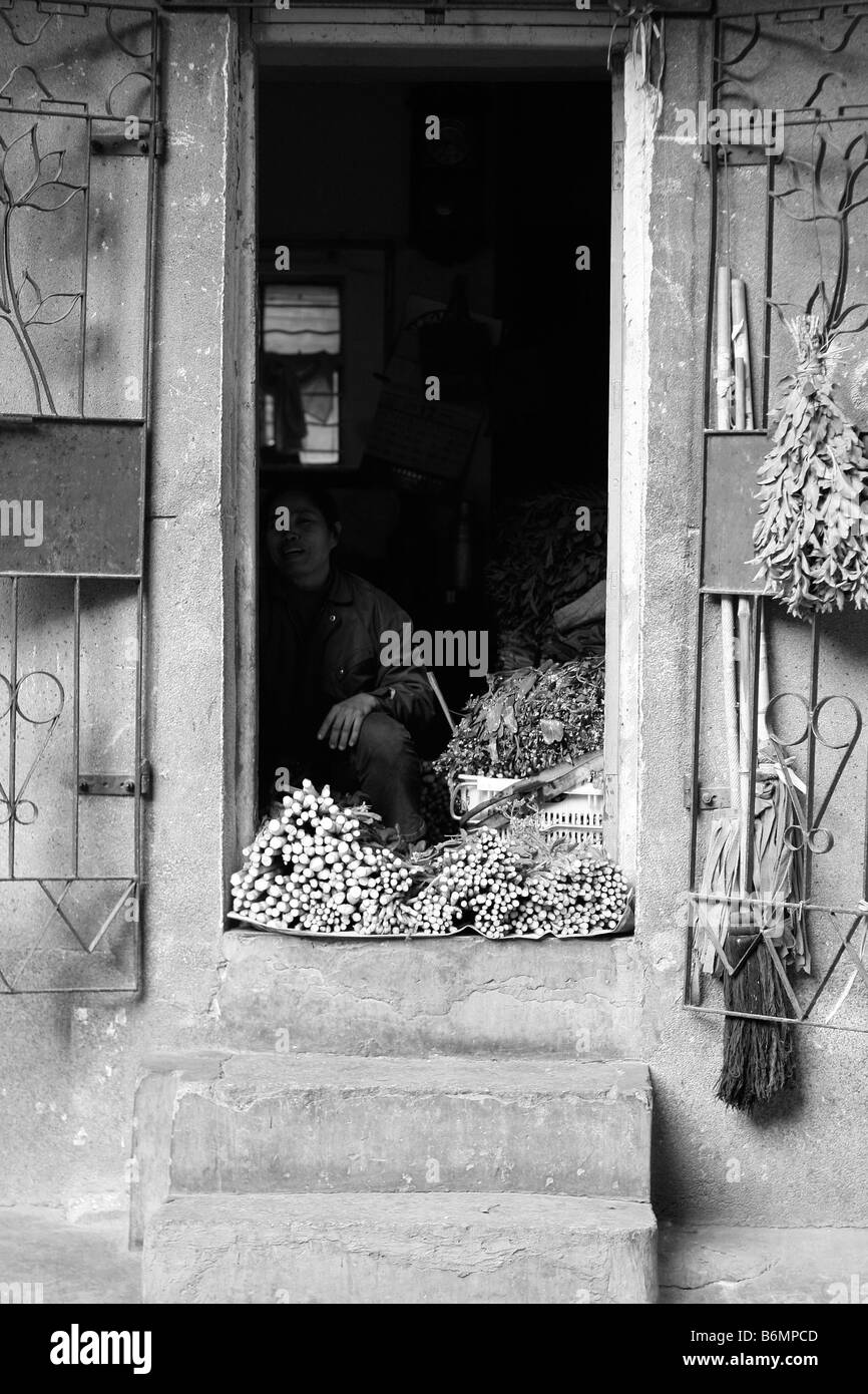 Una mattina aperta del fornitore di vendere vegetale nel locale non regolamentata del mercato alimentare entro il cinese residenziale nelle strade laterali dopo t Foto Stock