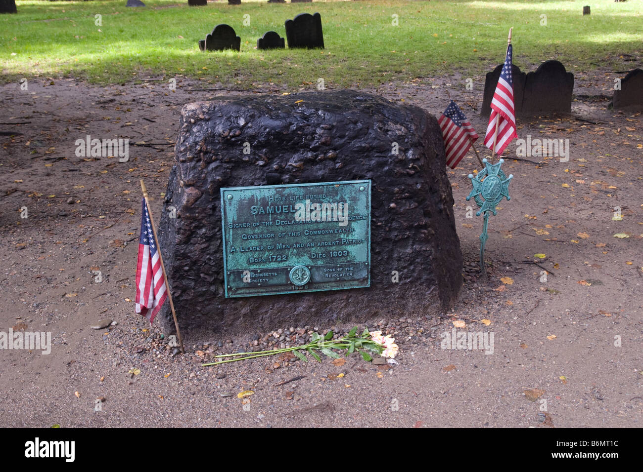 Grave marker per Samuel Adams nel vecchio granaio sepoltura Boston MA Massachusetts New England USA Stati Uniti d'America Foto Stock