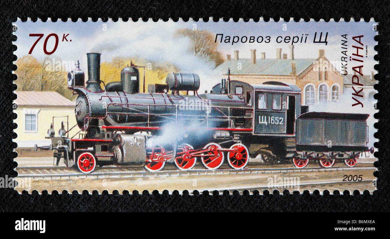 La storia del trasporto ferroviario, locomotiva a vapore Shch serie (1906-1918), francobollo, Ucraina, 2005 Foto Stock