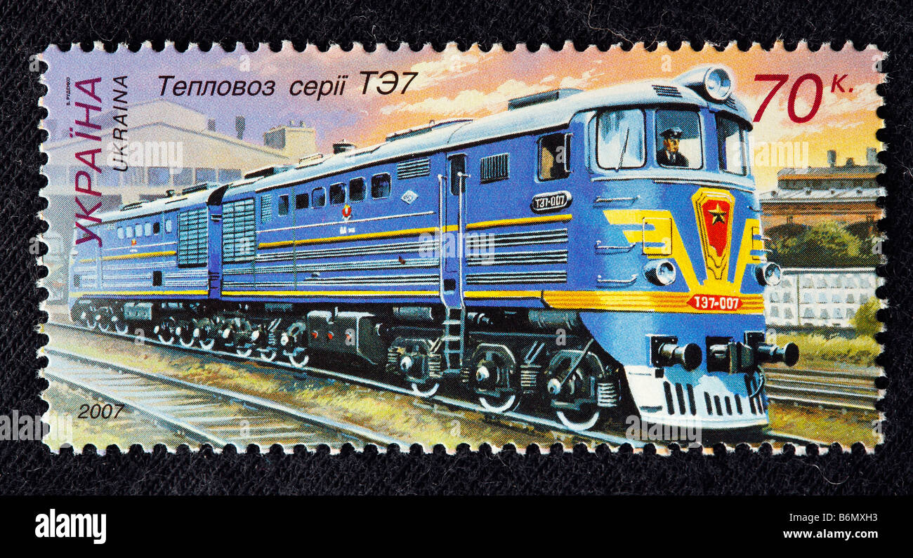 La storia del trasporto ferroviario, locomotiva diesel serie TE7 (1956-1964), francobollo, Ucraina, 2005 Foto Stock