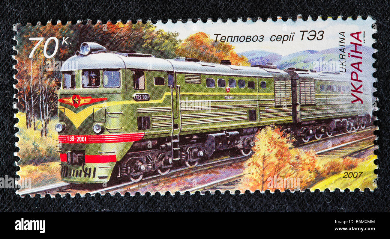 La storia del trasporto ferroviario, locomotiva diesel serie TE3 (1956-1973), francobollo, Ucraina 2005 Foto Stock