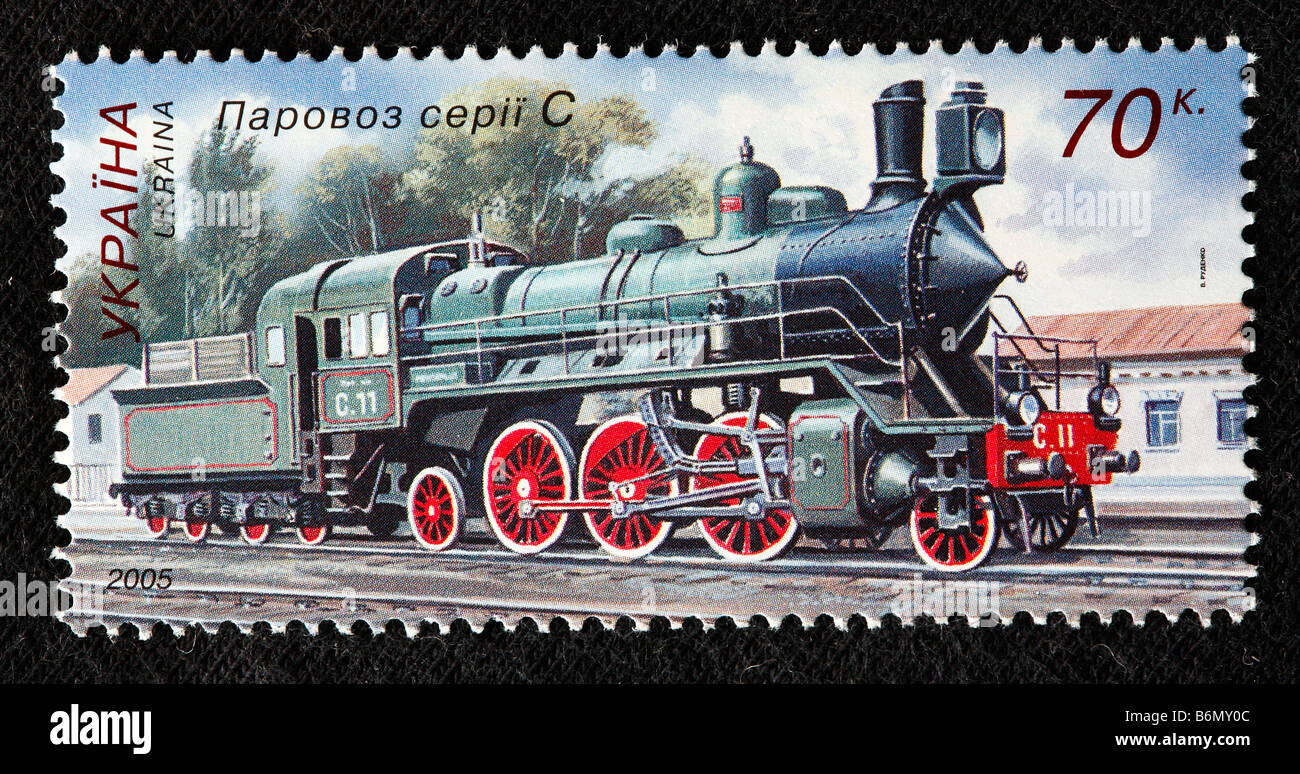 La storia del trasporto ferroviario, locomotiva a vapore serie S (1911-1918), francobollo, Ucraina, 2005 Foto Stock