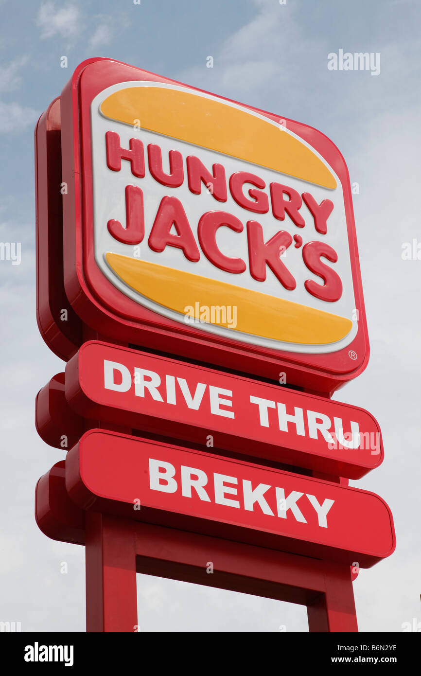 Hungry Jacks drive thru brekky cartello stradale,Grafton, Nuovo Galles del Sud, Australia Foto Stock