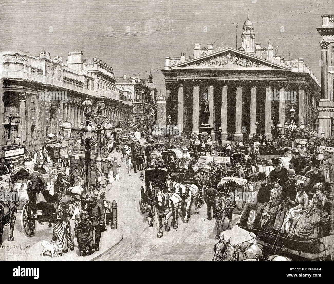 La Banca di Inghilterra e la Royal Exchange di Londra, Inghilterra, nel XIX secolo Foto Stock