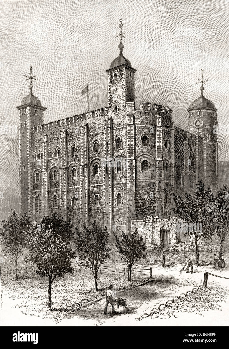 La Torre Bianca, torre centrale della Torre di Londra, vista da sud-est nel XIX secolo. Foto Stock