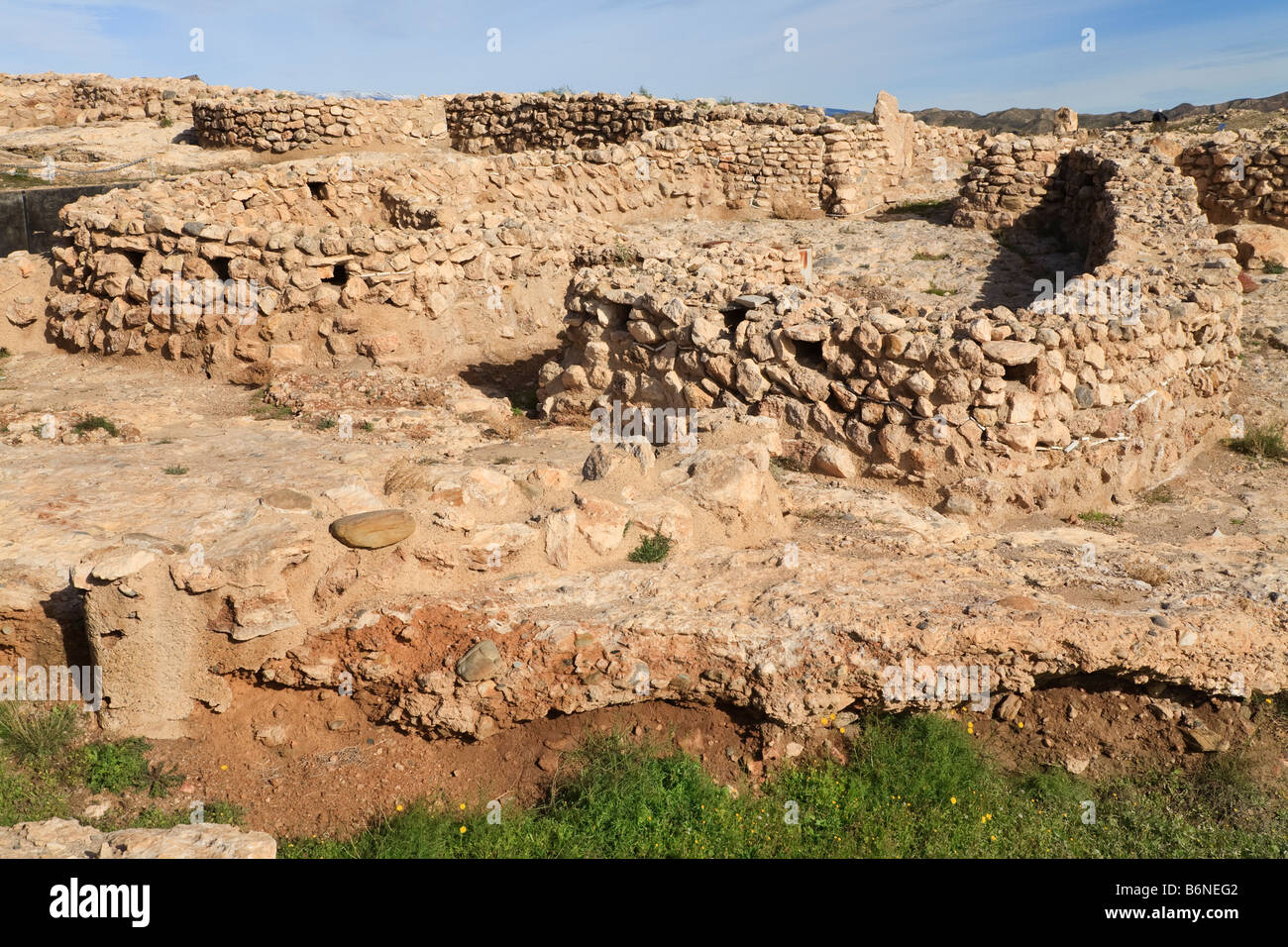 Los Millares Età del Rame sito archeologico vicino a Santa Fe de Mondujar Provincia di Almeria in Spagna. Cancello principale e barbican. Foto Stock