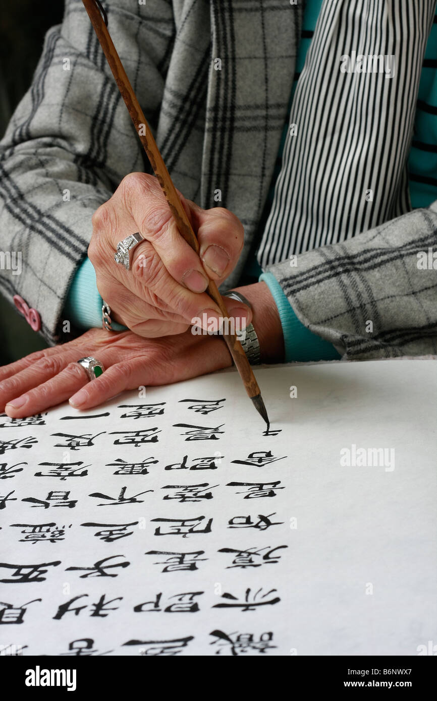 Artista cinese e proprietario di un negozio di creazione di un nuovo pezzo di illustrazioni utilizzando la calligrafia cinese Foto Stock