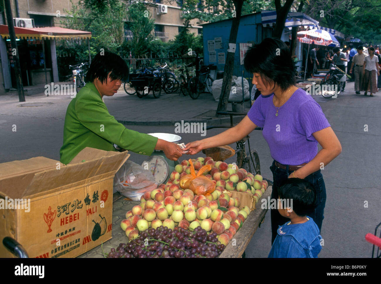 Le donne cinesi, fornitore di frutta, vendita di pesche, pesche fresche, mercati all'aperto, mercato mercato Puhuangyu, Pechino, Municipalità di Pechino, Cina, Asia Foto Stock