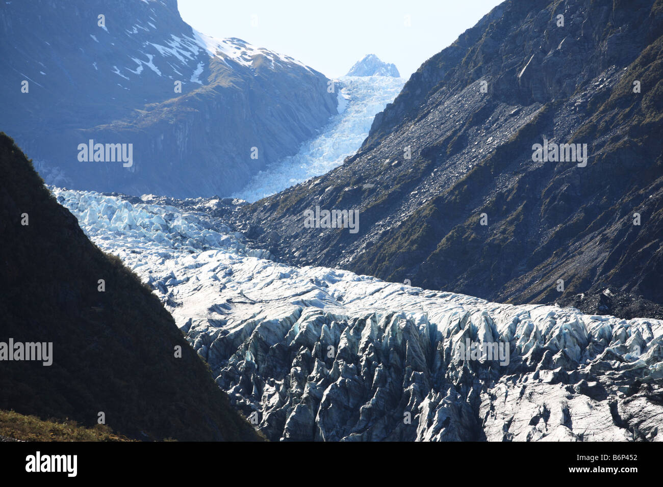 La faccia terminale, Fox Glacier, West Coast, Nuova Zelanda Foto Stock