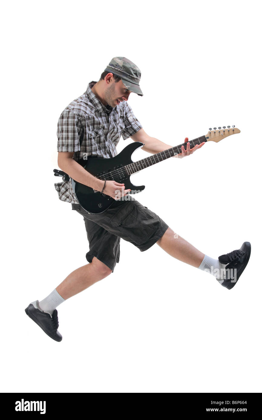 Il chitarrista jumping in midair Foto Stock