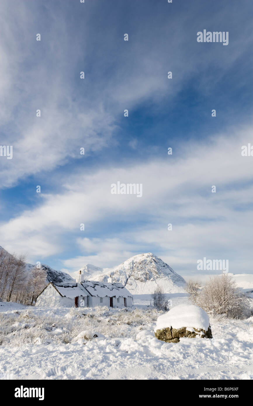 Blackrock Cottage nella neve Glen Coe Scozia Scotland Foto Stock