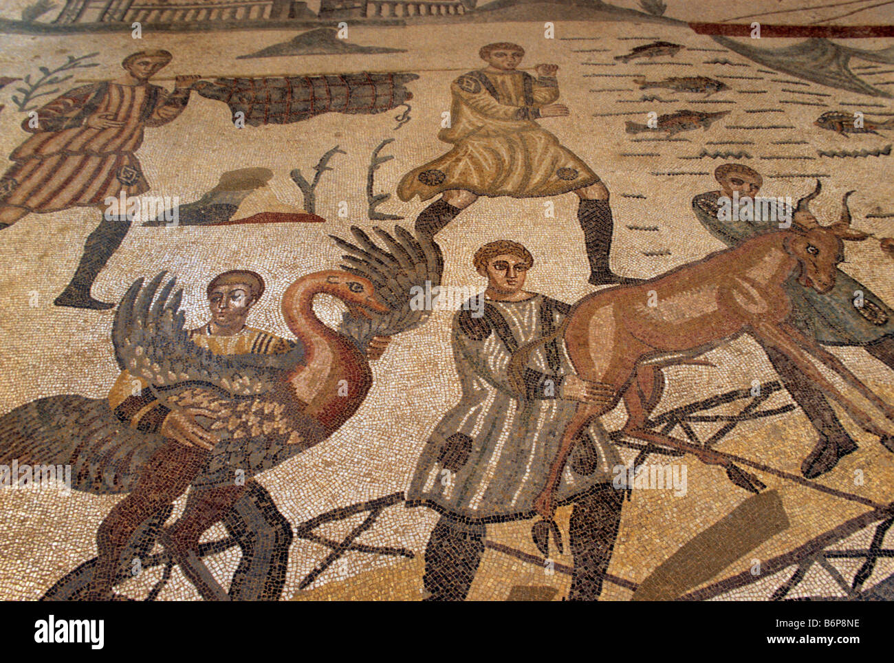 Grande scena di caccia a mosaico Ambulacrum Villa Romana del Casale vicino a Piazza Armerina Sicilia Italia Foto Stock