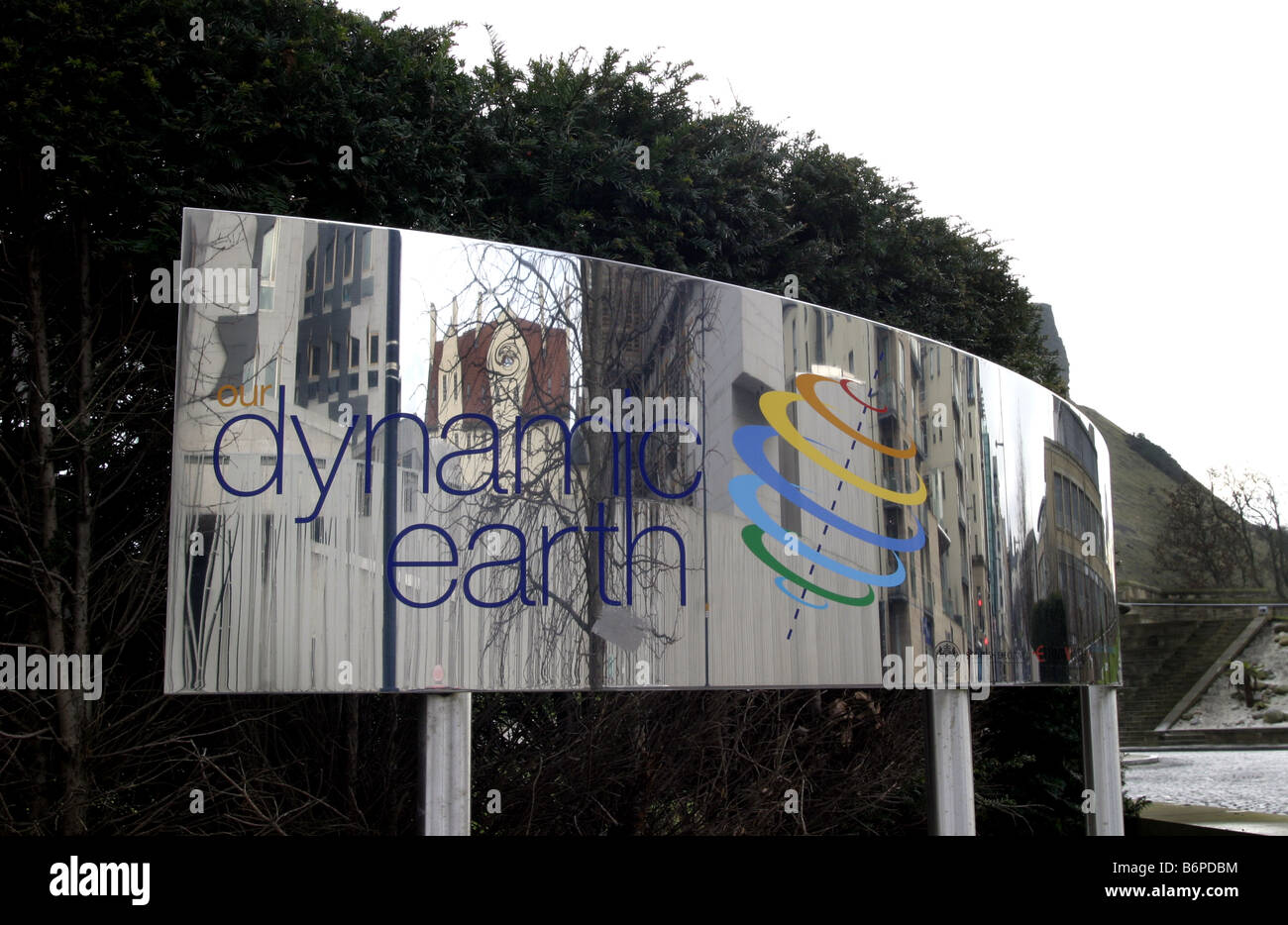 Segno per Dynamic Earth science center di Edimburgo Foto Stock