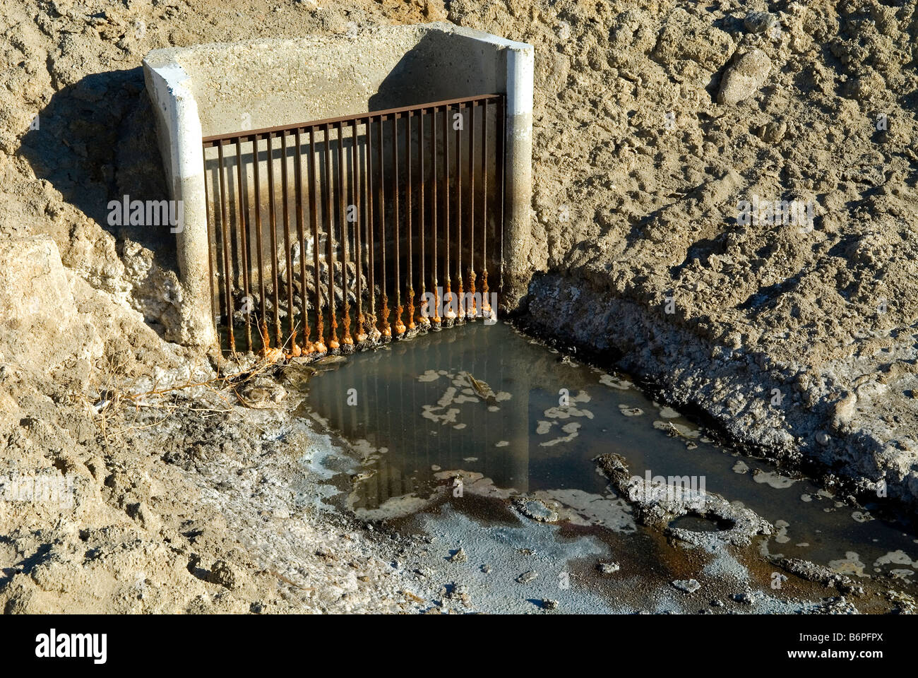 Acqua inquinata in esecuzione da scaricare lasciate,Salton Sea Beach, Souther California, Stati Uniti d'America. Foto Stock