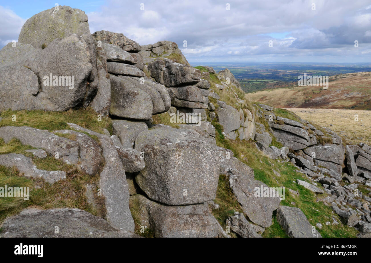 Scena caotica su Dartmoor come massi di granito cucciolata il paesaggio sul comune Belstone Foto Stock