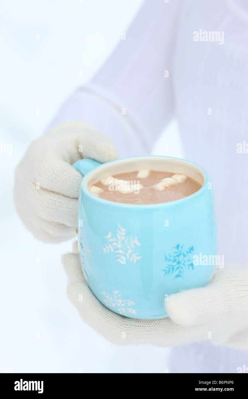 Le mani con guanti invernali tenendo premuto il simbolo del fiocco di neve blu mug con cioccolata calda e marshmallows Foto Stock