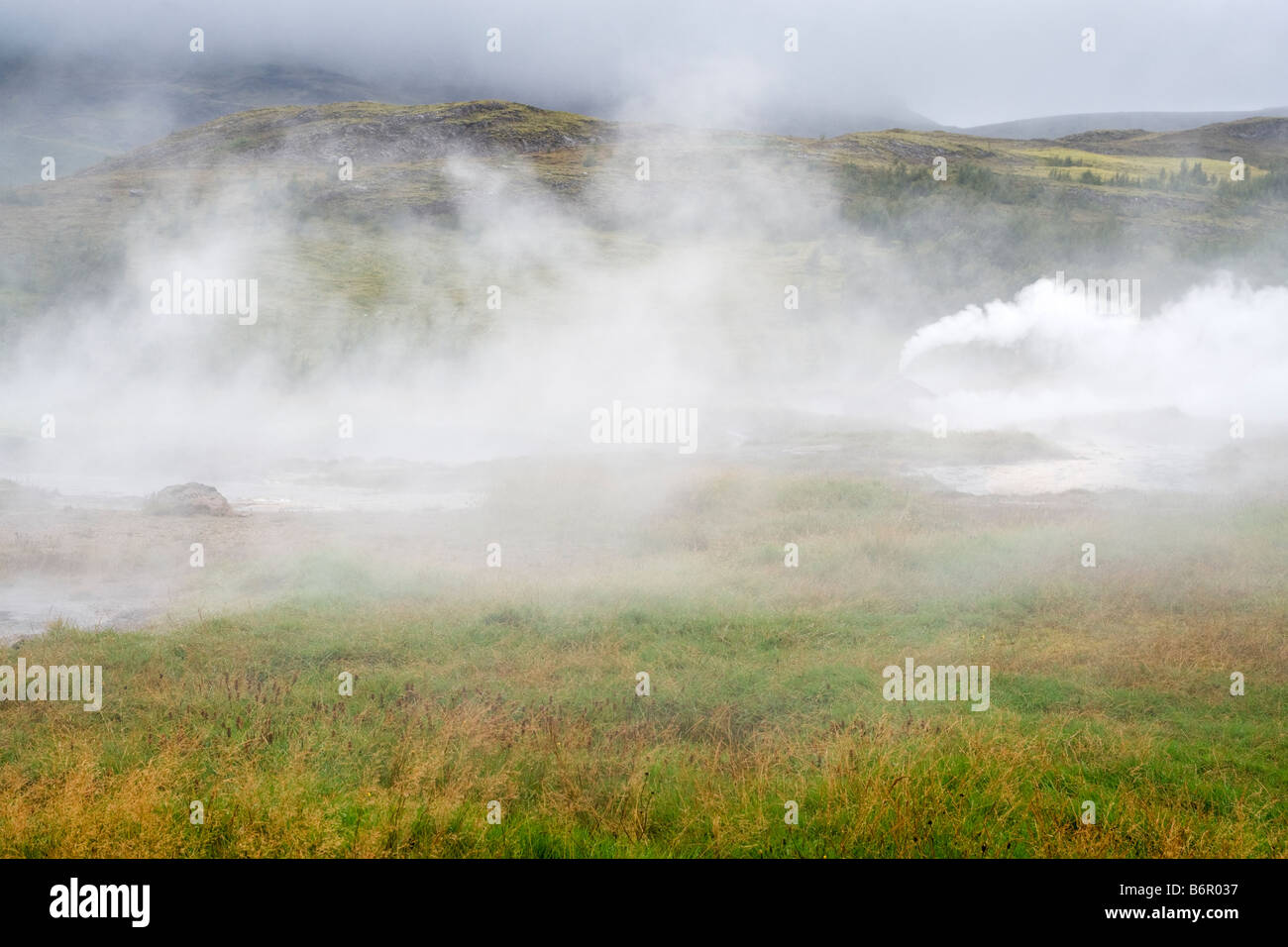 Steamy paesaggio nella valle di Haukadalur, Islanda, la posizione del geyser Strokkur e Geysir. Foto Stock