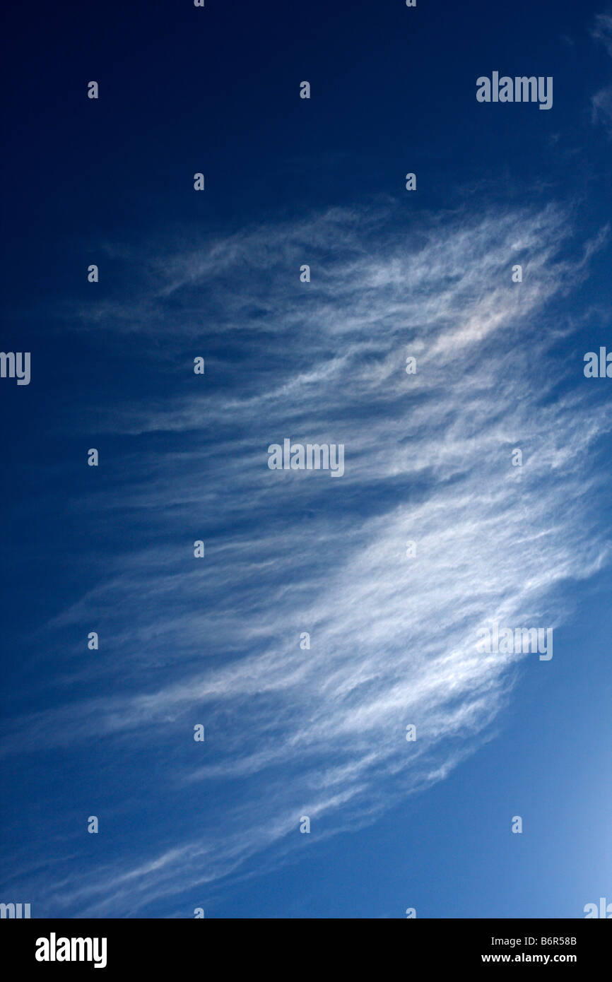 Feathery cirrus nuvole contro un cielo blu. Foto Stock