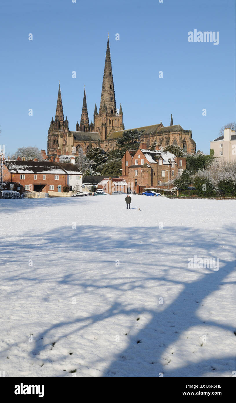 Lichfield Cathedral da Stowe campi con uomo a camminare il suo cane Lichfield Staffordshire Inghilterra Foto Stock