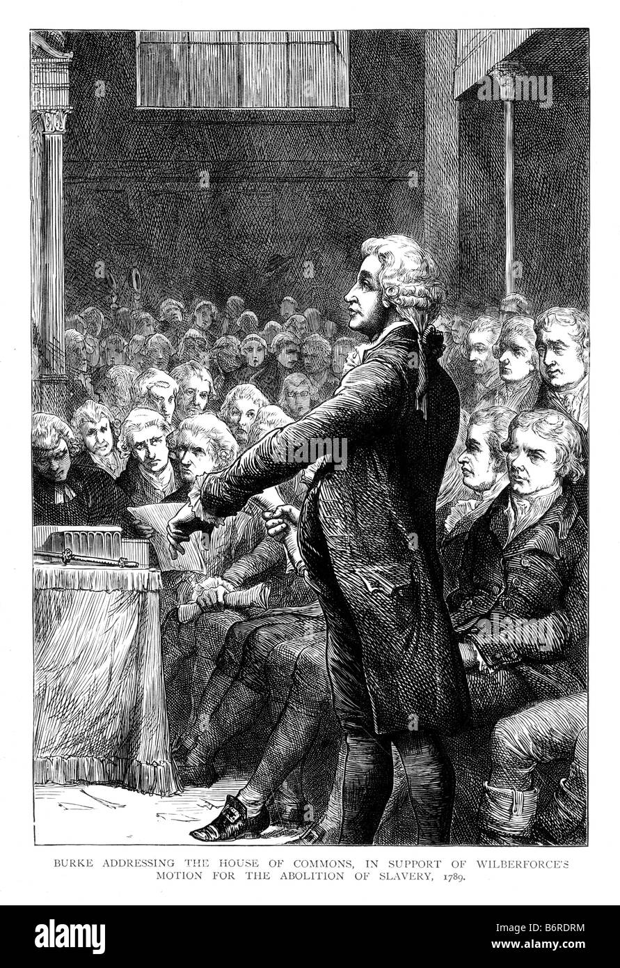 Edmund Burke rivolgendosi alla Camera dei comuni a sostegno di William Wilberforce s Motion per l abolizione della schiavitù 1798 Foto Stock