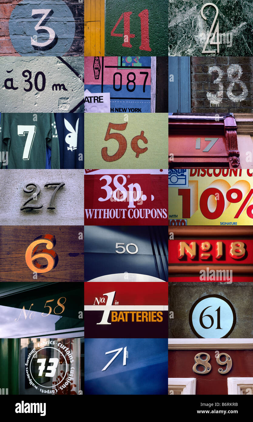 Più 21 x Immagine montaggio verticale di numeri, numeri e figure. Foto Stock