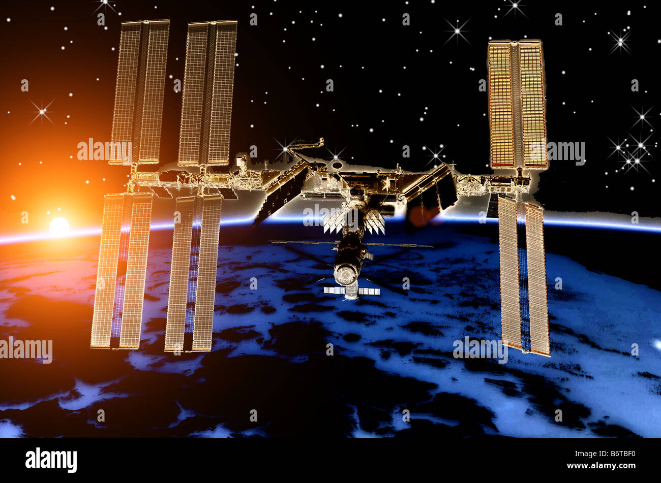 Computer enhanced NASA immagine della Stazione Spaziale Internazionale (ISS) volando sopra la terra alba Foto Stock
