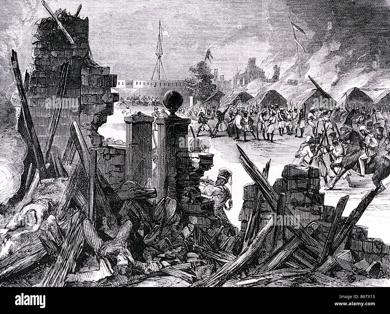 Ammutinamento indiano 1857-58 Il mutiny ha cominciato a Meerut accampamento militare in Northern Indian qui illustrato in una incisione contemporanea Foto Stock