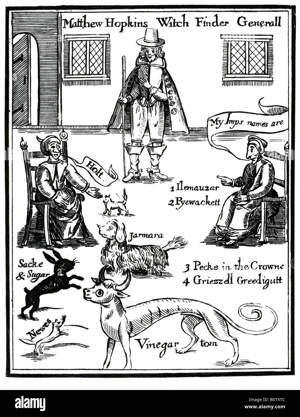 MATTHEW HOPKINS inglese 'witchfinder generale" come illustrato nel suo libro del 1647 la scoperta delle streghe. Foto Stock