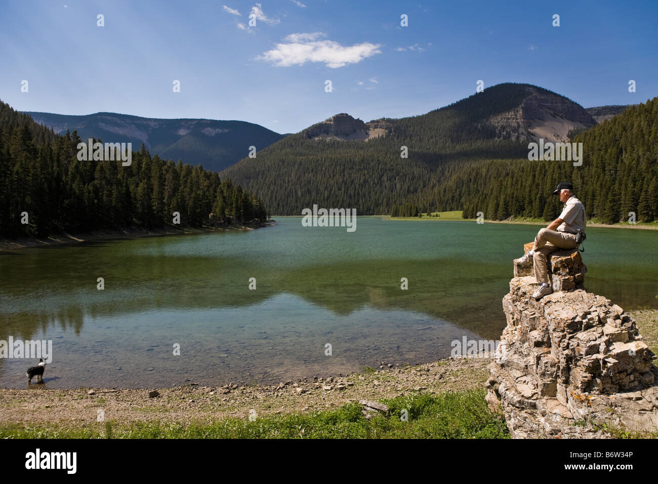 Uomo seduto sulla sommità della roccia con cane in riva al lago di cristallo, Montana, lago di alta montagna, STATI UNITI D'AMERICA Foto Stock