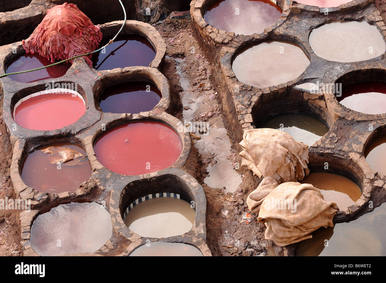 La concia della pelle in Fes, Marocco Foto Stock