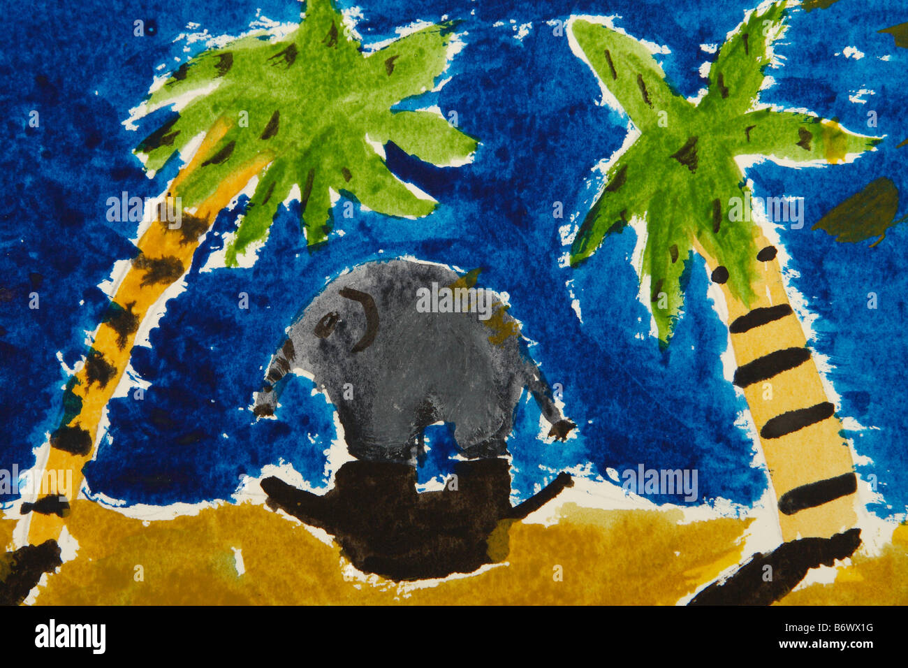 Pittura per i bambini di età superiore a dodici anni mostra un elefante e palme sotto un profondo blu calda estate cielo originale da George può Foto Stock
